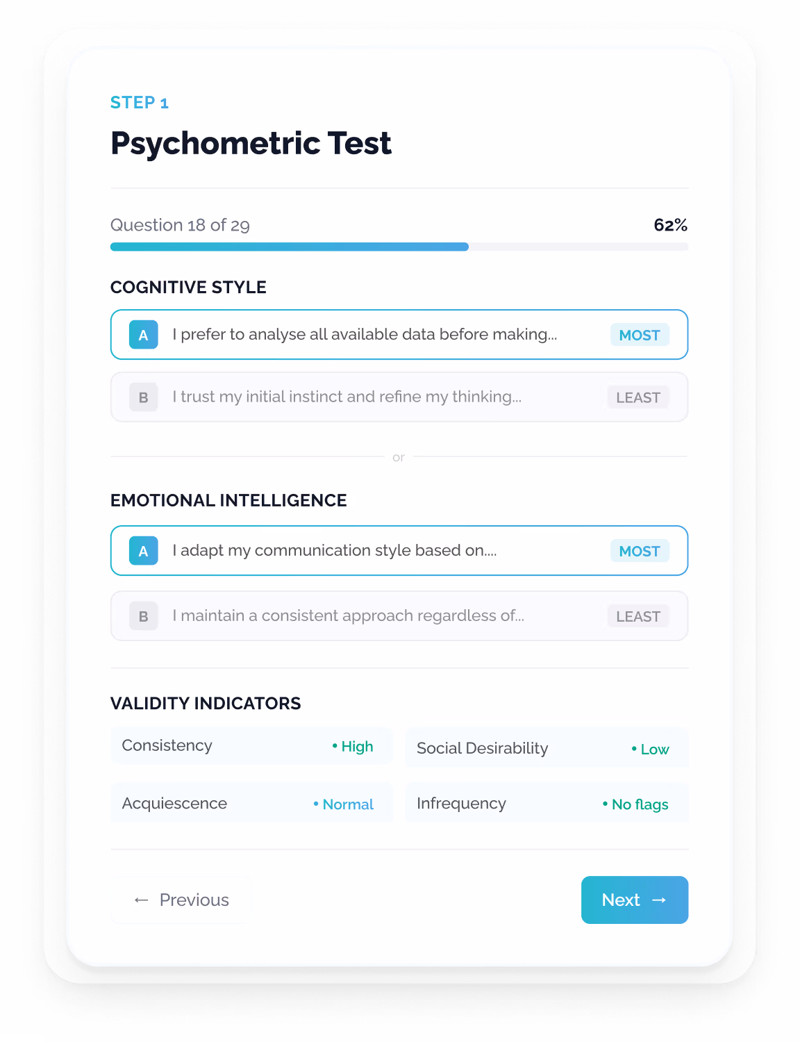 A forced-choice psychometric assessment interface showing two paired-statement questions with most-least response assignments and consistency tracking.