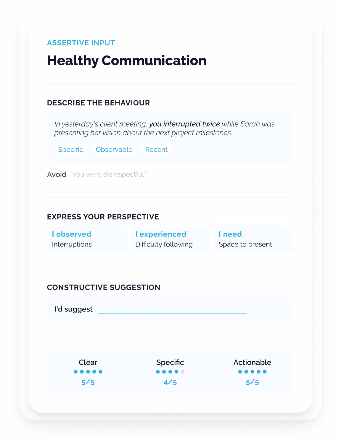 A three-step feedback builder interface showing observed behaviour, assertive I-statement structure, and constructive suggestion with quality indicators for delivering effective workplace feedback.