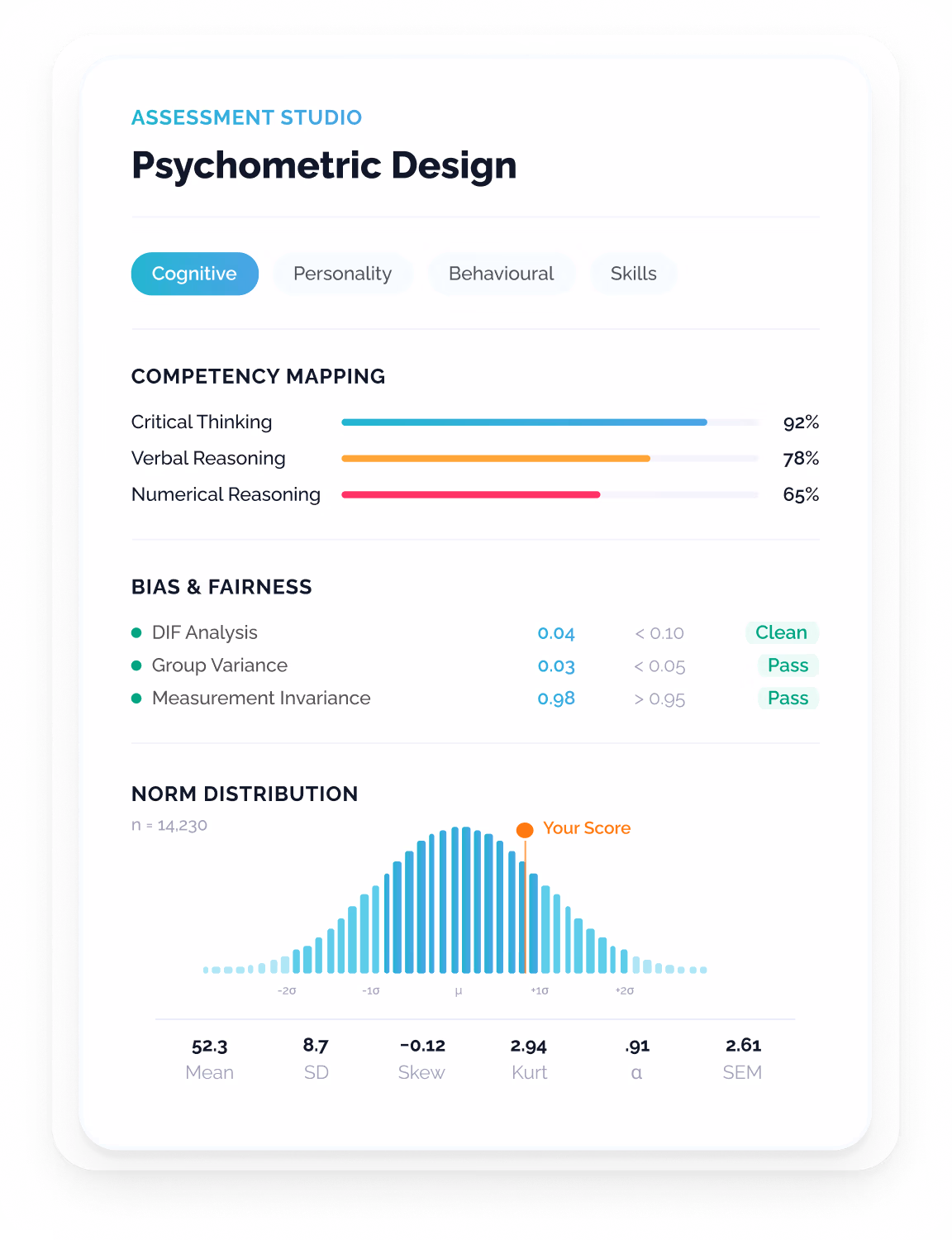 Assessment studio product screen showing a role assessment builder interface that features validated cognitive, personality, and skills tests to roles and benchmarks.