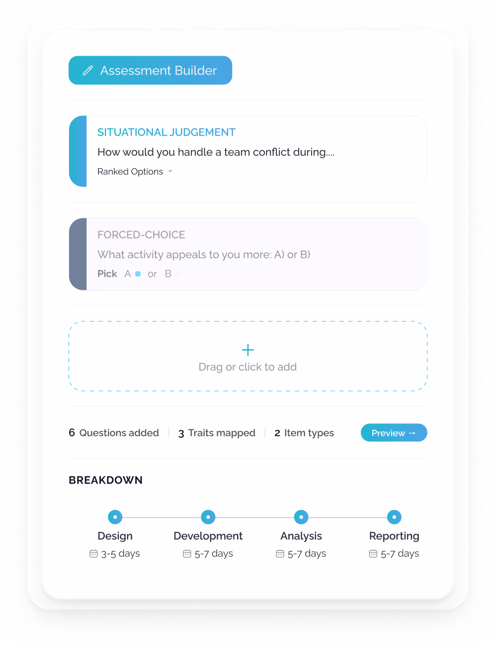 Assessment Builder interface showing customised question modules—including Situational Judgement and Forced-Choice formats—a drag-and-drop panel to add questions, and a breakdown timeline tracking framework design through reporting stages.