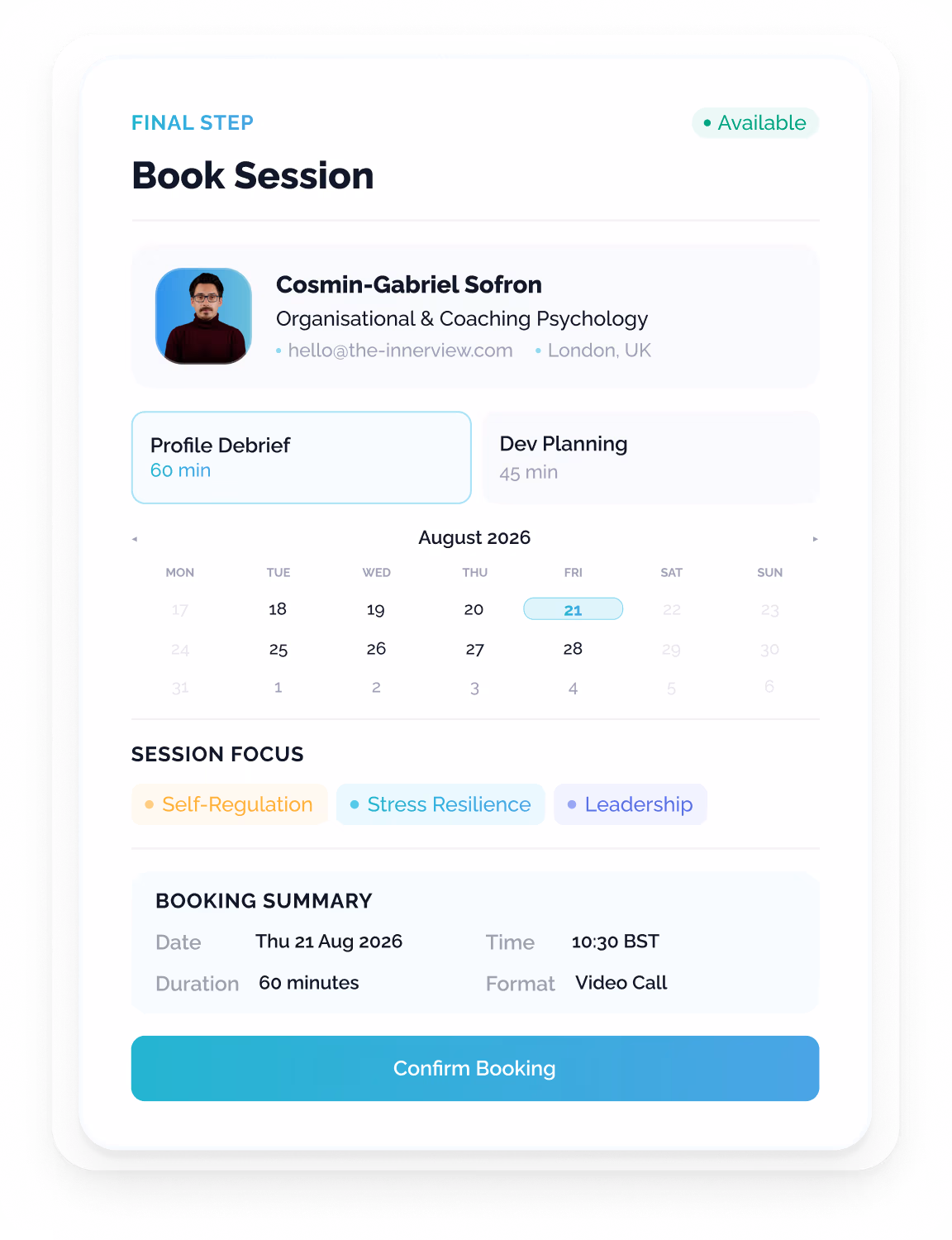 A premium coaching session booking interface showing a psychologist's profile, session type selection, calendar date picker, and time slot scheduler for personalised development coaching.