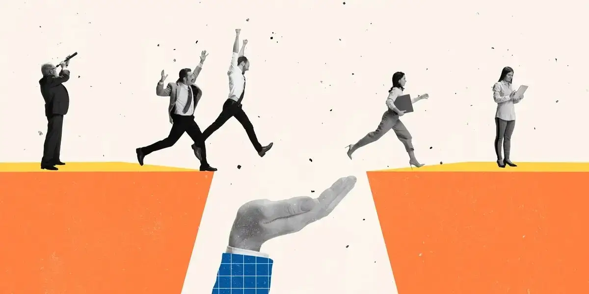 Paper cut-out collage of office workers leaping across a gap in the ground, with a large open hand reaching up to bridge it.