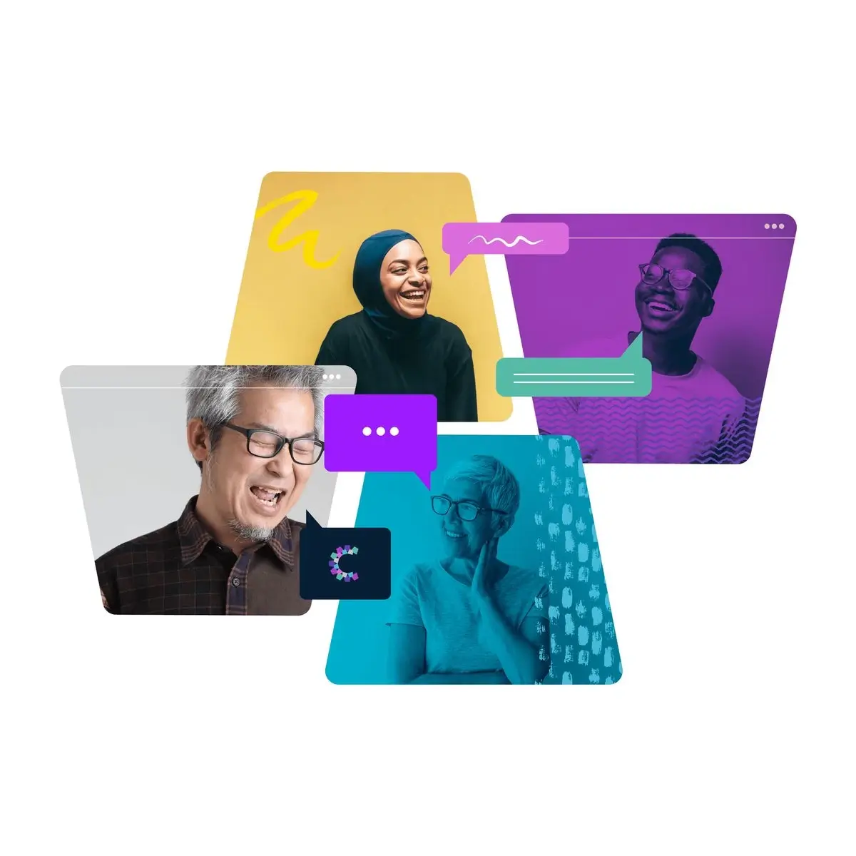 Illustration representing diverse people smiling inside colourful digital video call windows