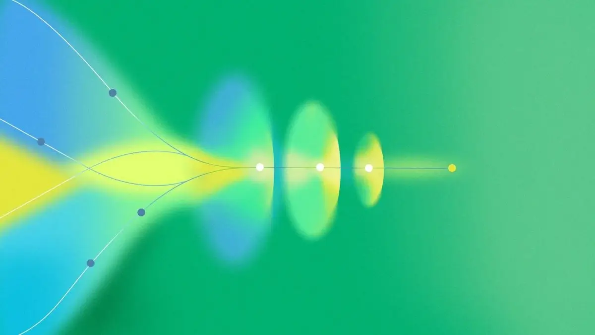 Illustration representing an abstract digital graphic of converging light waves passing through glowing nodes