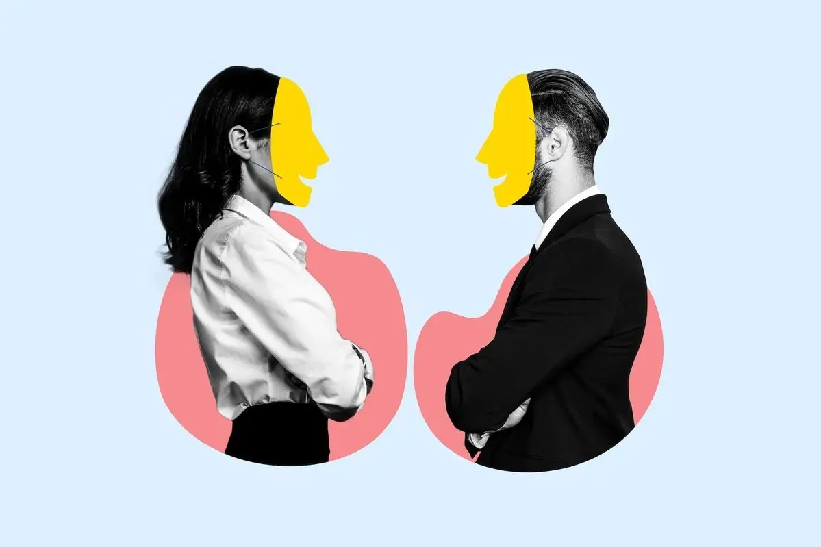Illustration representing a profile view of a woman and man in formal attire standing face-to-face, with bright yellow stylised masks covering their faces and pink shape cutouts behind them