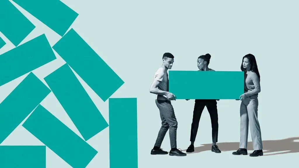 Illustration representing three team members in business attire working together to carry a large horizontal teal rectangle, set against a teal background patterned with falling rectangular blocks