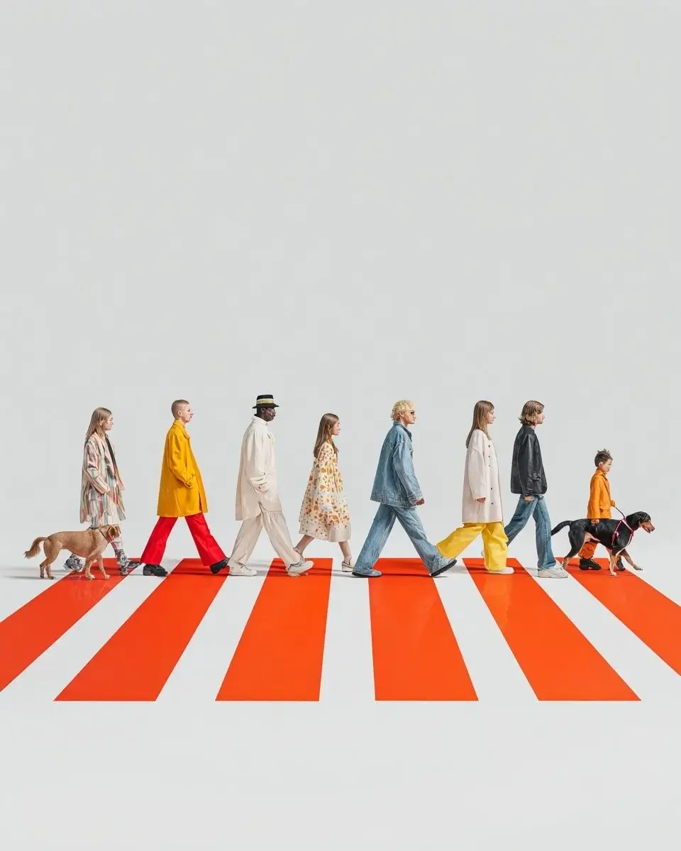 Illustration representing a line of diverse individuals walking in a single-file row from left to right against a plain grey background, representing different personalities and traits