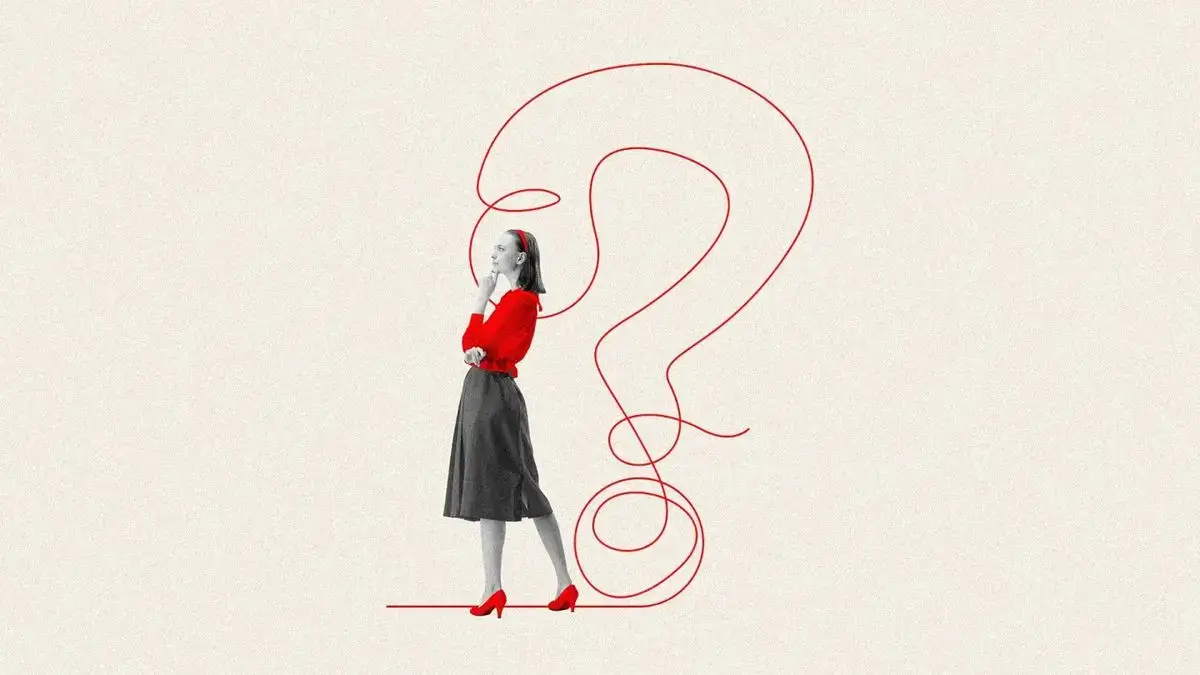 Illustration representing a woman in a red top standing beneath a continuous red line drawn into the shape of a large, looping question mark
