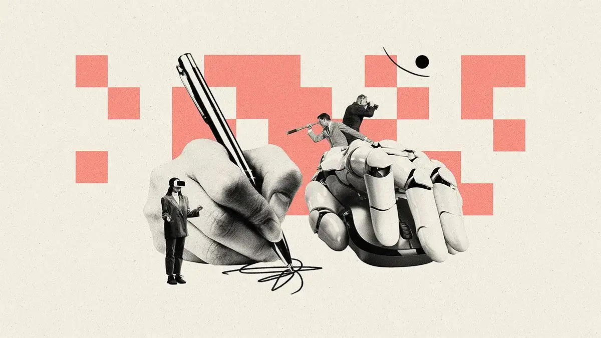 Illustration representing a human hand writing alongside a robotic hand against a grid of coral squares