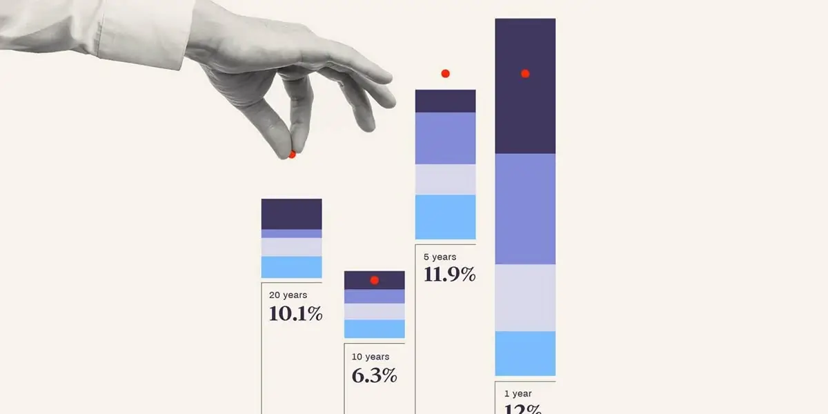 Illustration representing a hand placing a red marker dot on top of a purple stacked bar chart