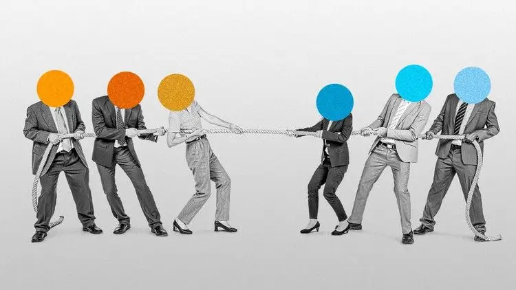 An illustration representing a group of professionals in suits playing tug-of-war, with brightly coloured circles covering their faces