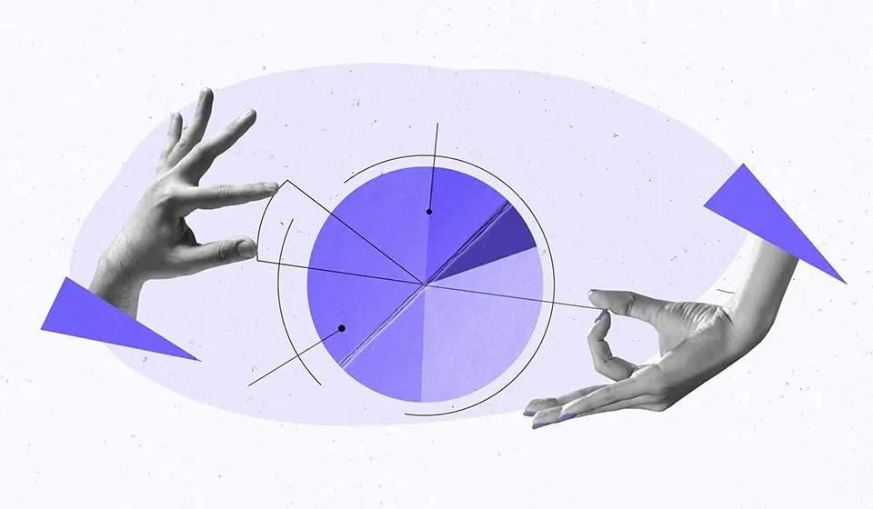 Illustration representing two hands adjusting a purple pie chart graphic and geometric shapes suspended against a soft lavender background