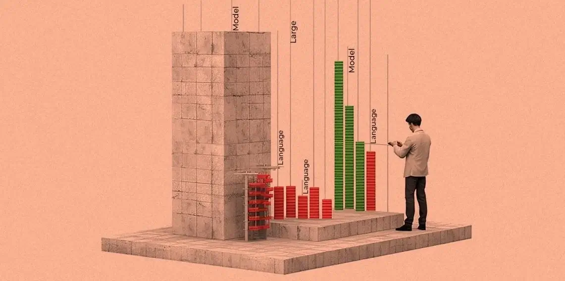 Illustration representing a person looking at a mobile device next to a tall block structure and colorful bar graphs labelled with data terms, set against a light orange background
