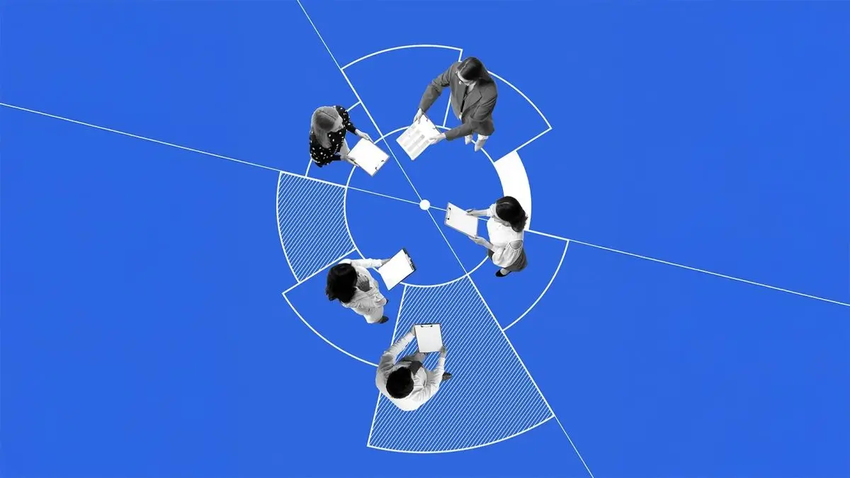 Illustration representing four professionals arranging documents around a central target-style circular grid on a vivid blue background